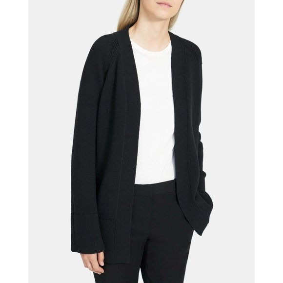 Theory Sweaters - Theory Open Front Rib Long Sleeve Cardigan Sweater Black Medium